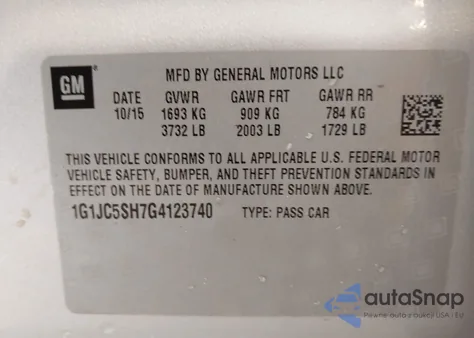 2016 Chevrolet Sonic Lt Auto z USA, uszkodzony, nr VIN 1G1JC5SH7G4123740